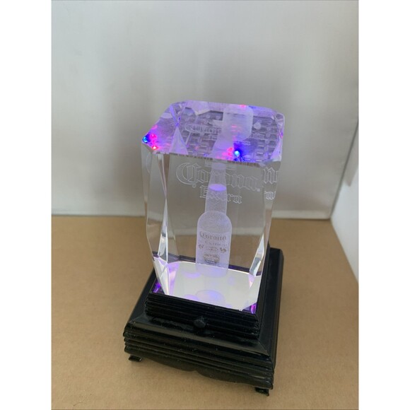 CORONA EXTRA 3D Laser Etched Crystal Glass Tower w/Lighted Stand Changes Color - Picture 1 of 7